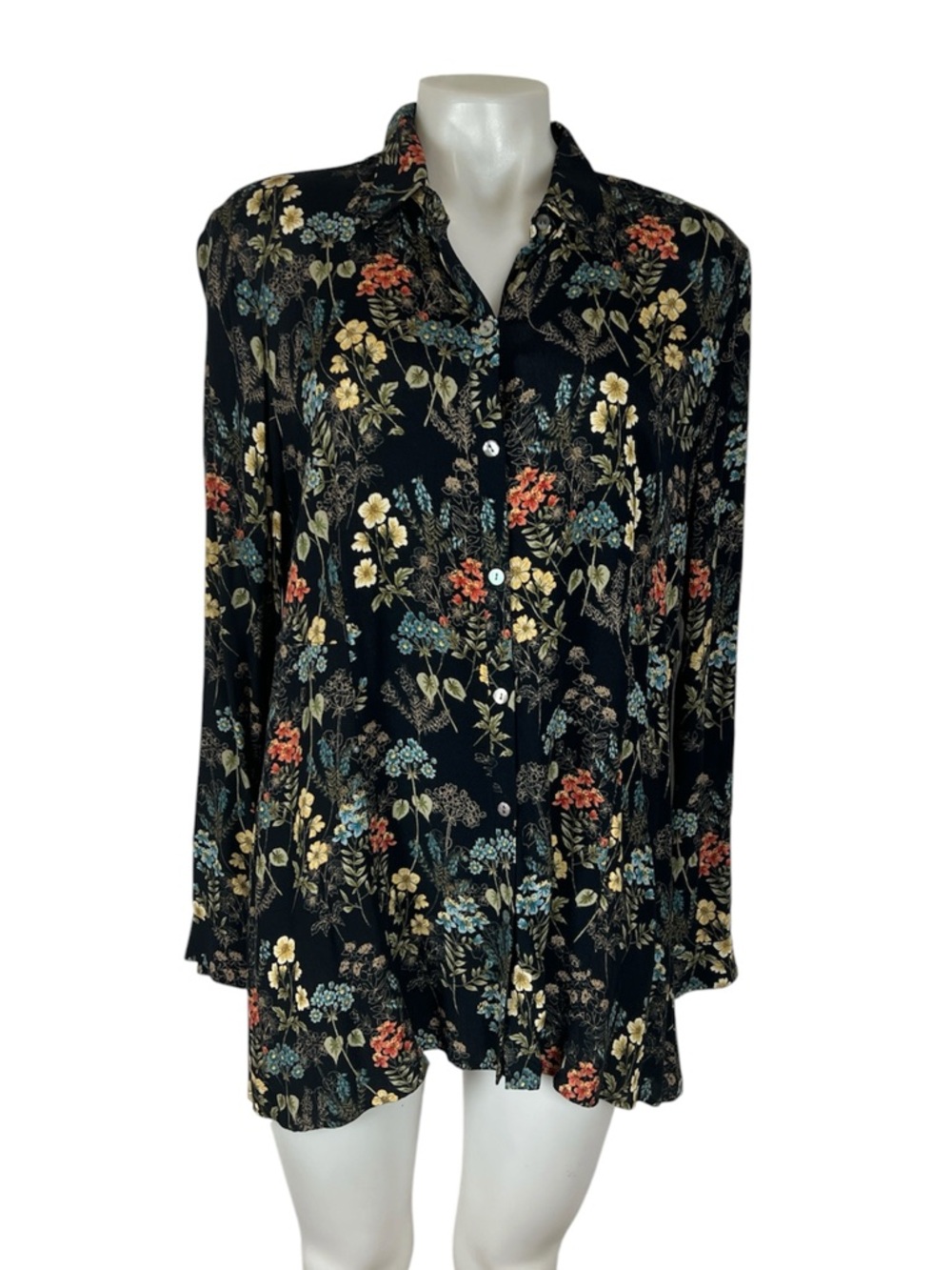 J.Jill black floral button down long sleeve rayon tunic blouse size Medium